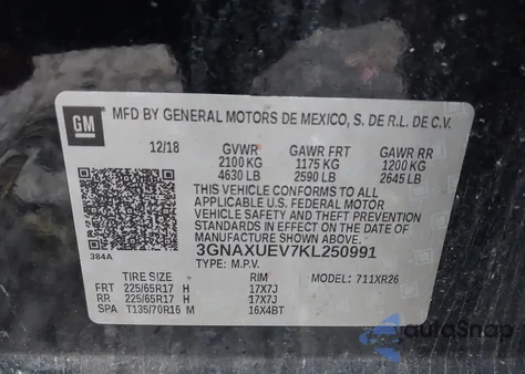 2019 Chevrolet Equinox Lt z USA, uszkodzony, nr VIN 3GNAXUEV7KL250991